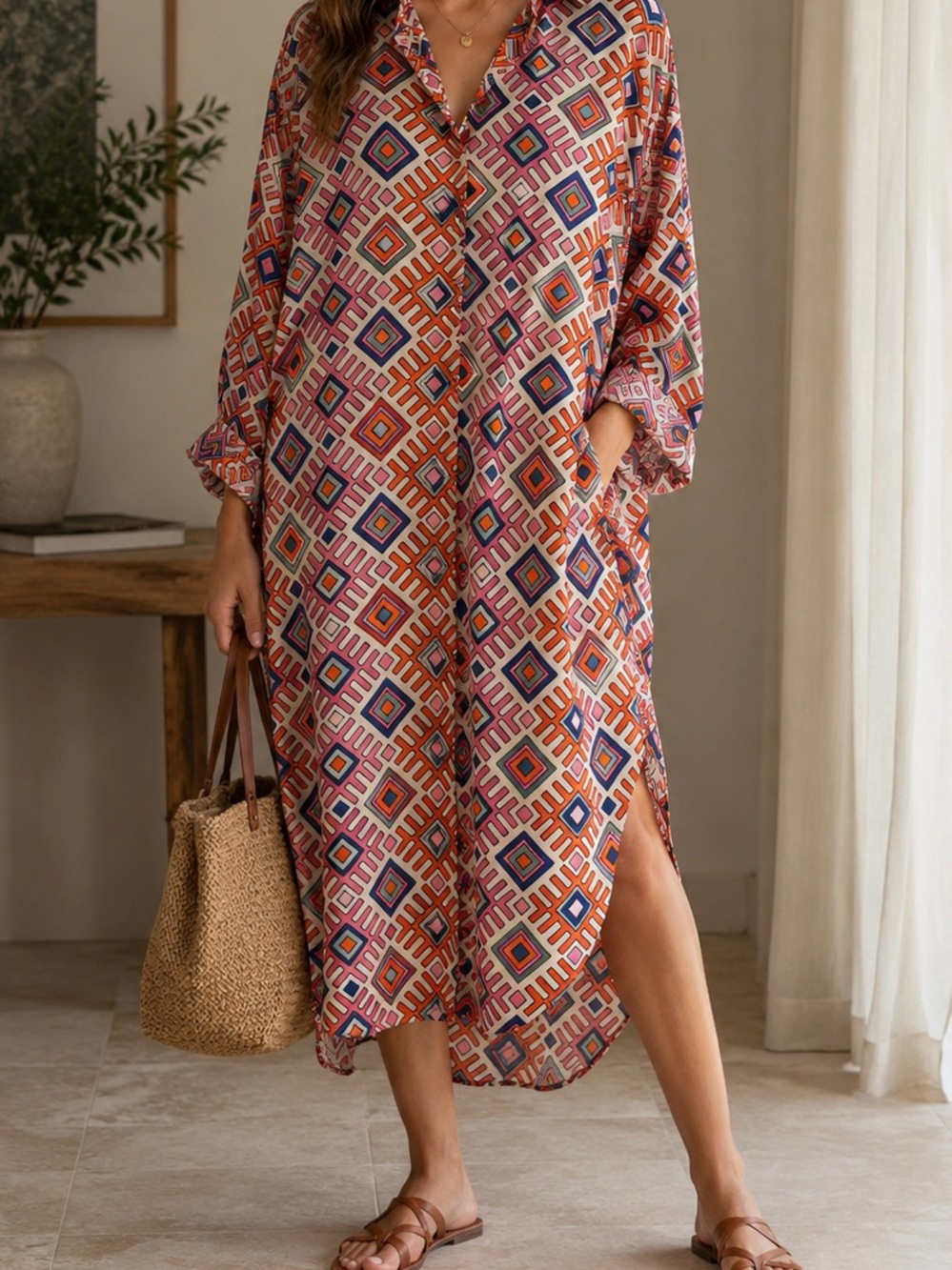 Gold & Silver Paris Shirt Dress Size One Size Geometric Diamond Print Oversized